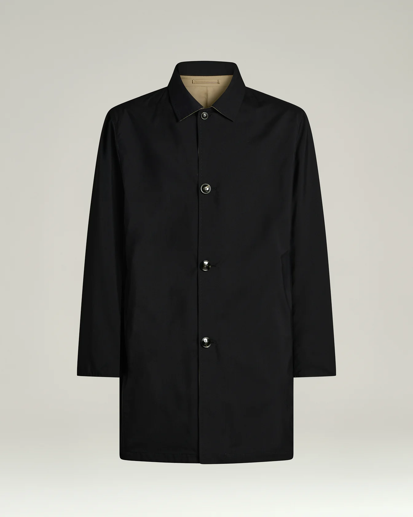 REVERSIBLE WOOL AND SILK OVERCOAT IN NAVY BLUE WITH LAMBSKIN PIPING